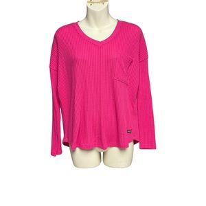 Calvin Klein XS hot Pink Relaxed waffle knit long sleeve shirt front pocket